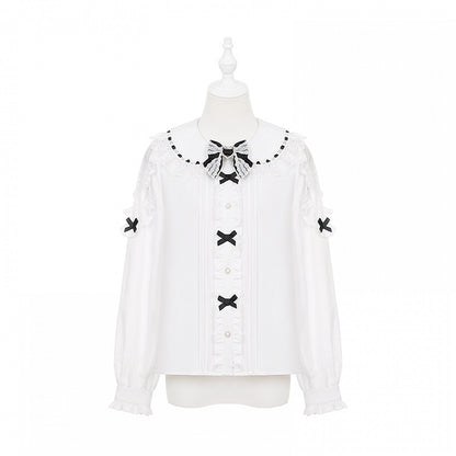 Jirai Kei White Long Sleeve Blouse | Black Bowknots & Lace Cut-Out Shoulder