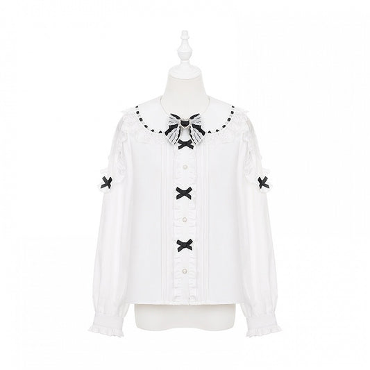 Jirai Kei White Long Sleeve Blouse | Black Bowknots & Lace Cut-Out Shoulder