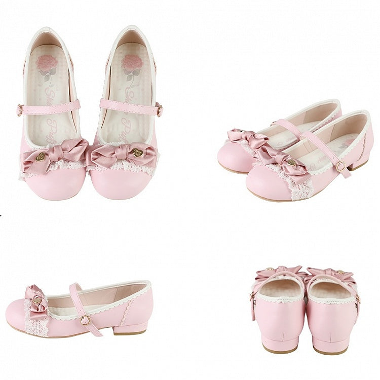 Elegant Lolita Light Pink Mary Janes - Heart-Embellished Bow with Lace Trim & Scalloped Edge