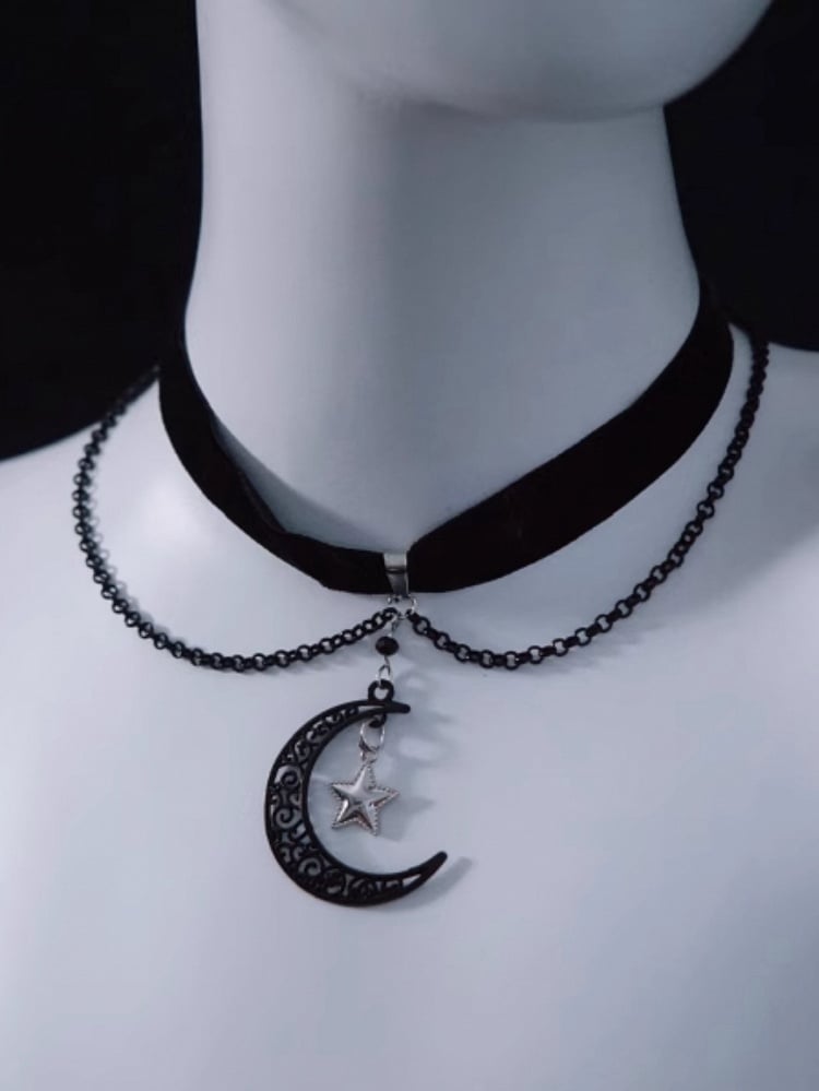 Gothic Moon and Star Pendant Black Velvet Choker with Chains