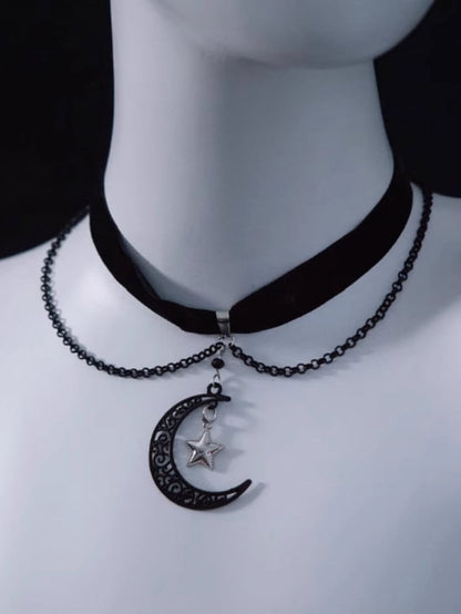 Gothic Moon and Star Pendant Black Velvet Choker with Chains