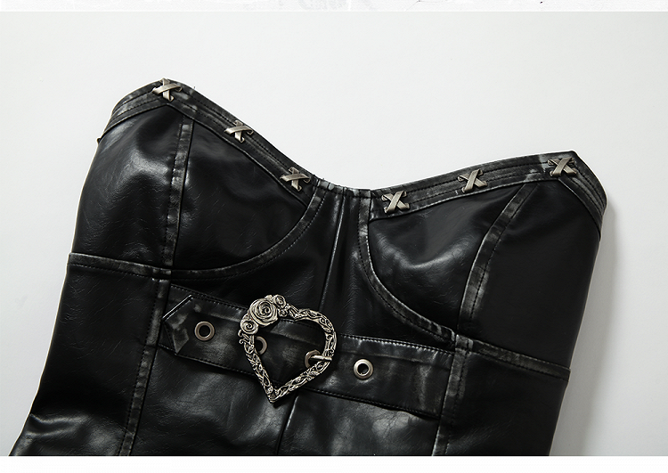 Black PU Bustier Top with Heart-Shaped Buckle Design