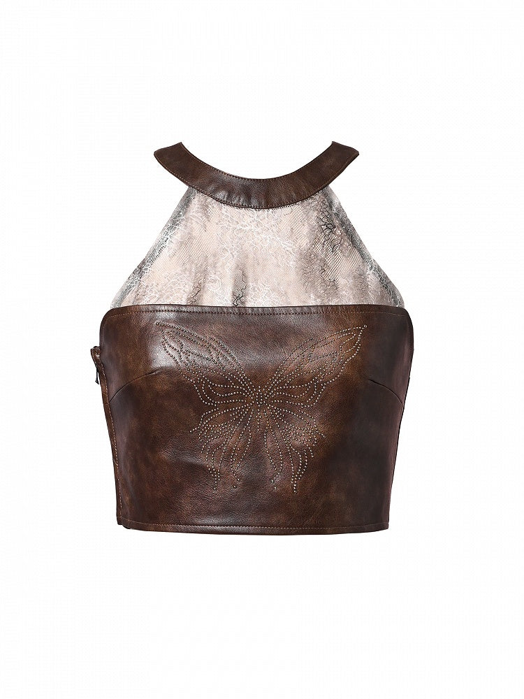 Dark Brown Wasteland Punk Halter Neck PU Butterfly Top