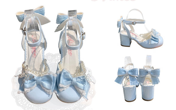 Bow Accents and Detachable Bead Chain Blue Sweet Lolita Mary Jane Shoes