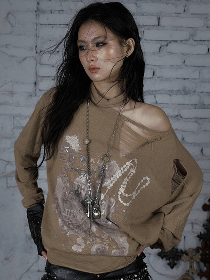Beige/Khaki Wasteland Punk Distressed Holes Asymmetrical Neckline Sun Protection Top