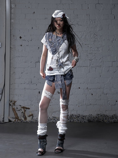 Blue and White Plaid Distressed Holes Navycore Zipper T-shirt Faux Two-pieces