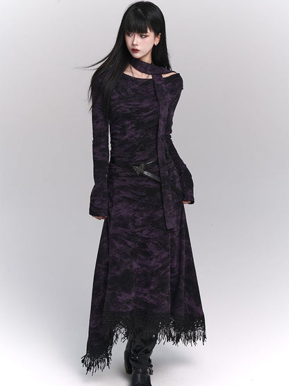 Wasteland Punk Purple Asymmetrical Tassel Hem Side-Slit  Dress
