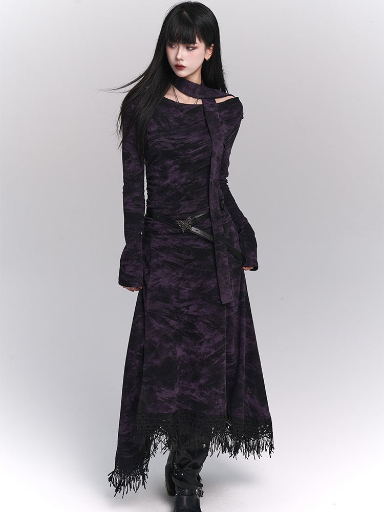 Wasteland Punk Purple Asymmetrical Tassel Hem Side-Slit  Dress