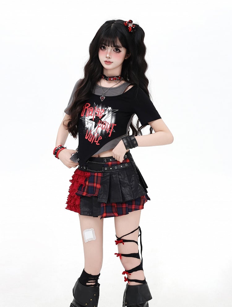 Asymmetrical Hem Star Print Black&Gray / Black&Purple Faux Two-pieces T-shirt