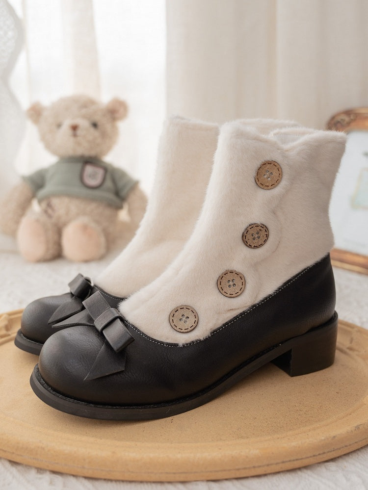 Fleece Lining with Button Embellishments & Functional Inner Zip Design 4cm/6cm Black & White Winter Boots in Elegant Lolita