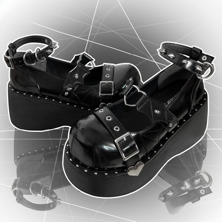 Devil Wings Design Black Stud Detail Buckle Ankle Strap Platform Mary Janes