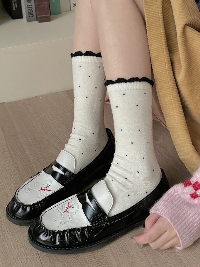 7 Options Polka-dot Pattern Ruffled Cuff Calf Socks