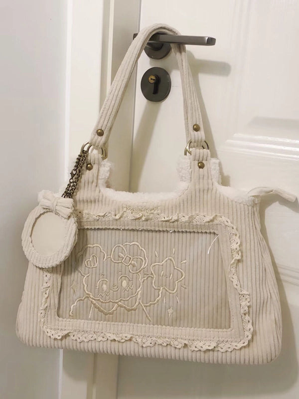 Beige Corduroy Lace Trim Daily Ita bag with Card Holder Charm