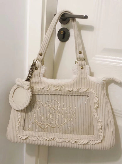 Beige Corduroy Lace Trim Daily Ita bag with Card Holder Charm