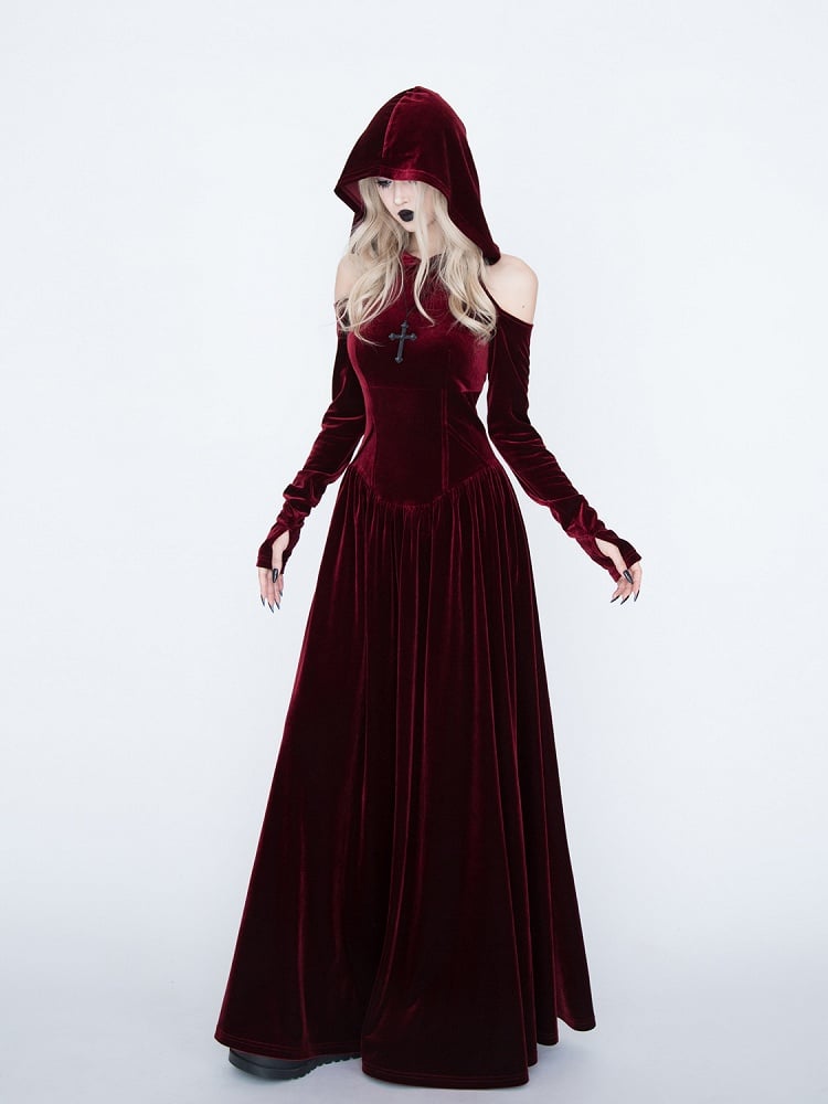 Medieval Witch Red Velvet Cutout Shoulder Gothic Vampire Hooded Dress