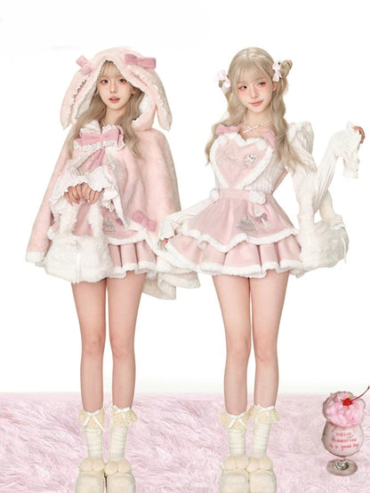 Sweet Plush Pink Bunny Ear Cape with Lace and Bow Accents