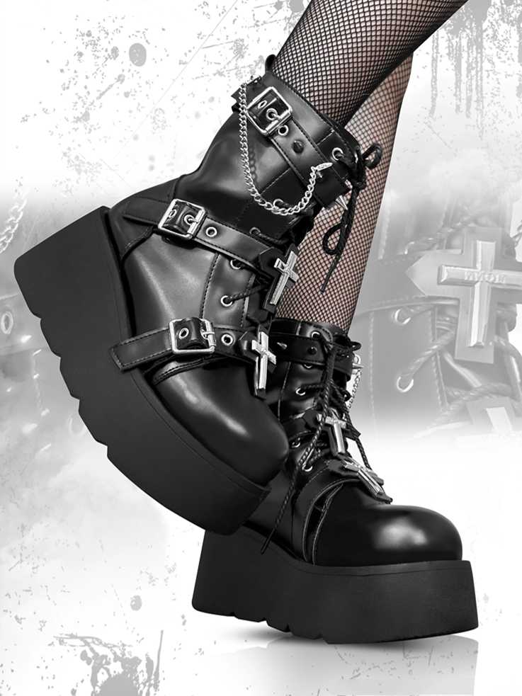 Crosses Black Gothic Platform Boots Spike Studs Punk Boots