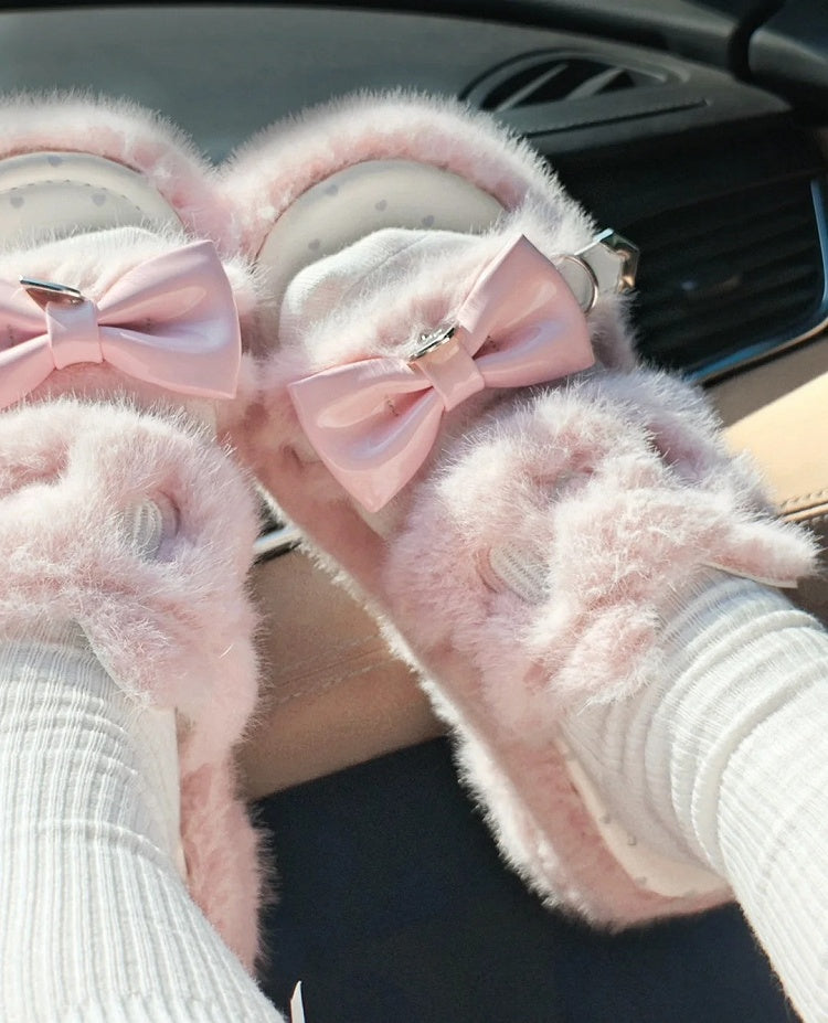 Rebellious Kitten Embroidery Slippers - Jirai Kei Pink Plush Platform with Bow & Heart Charm