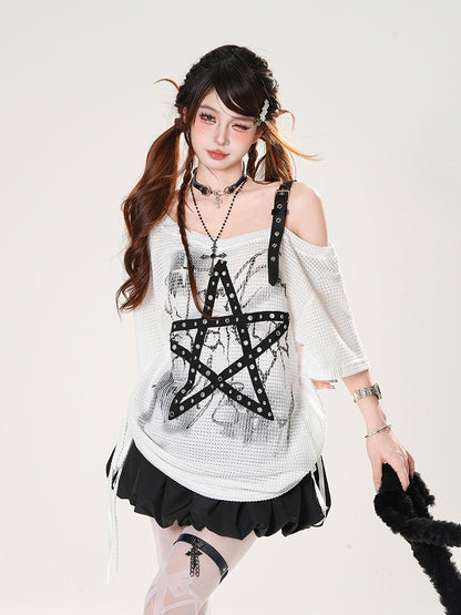 Asymmetrical Neckline Star-shaped Straps Black/White Waffle T-shirt