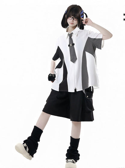 Black and Gray Striped Colorblock Design Techwear Zip-up Shirt with Free Kitty Plushie