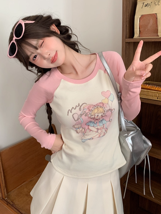 Cartoon Girl Print Apricot and Pink Colorblock Design Slim-fitting Top