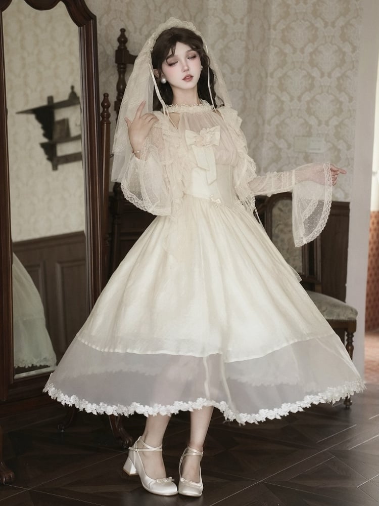 Elegant Beige Boned Basque Waist Illusion Halter Neck Dress + Detachable Flower Bow + Hairband