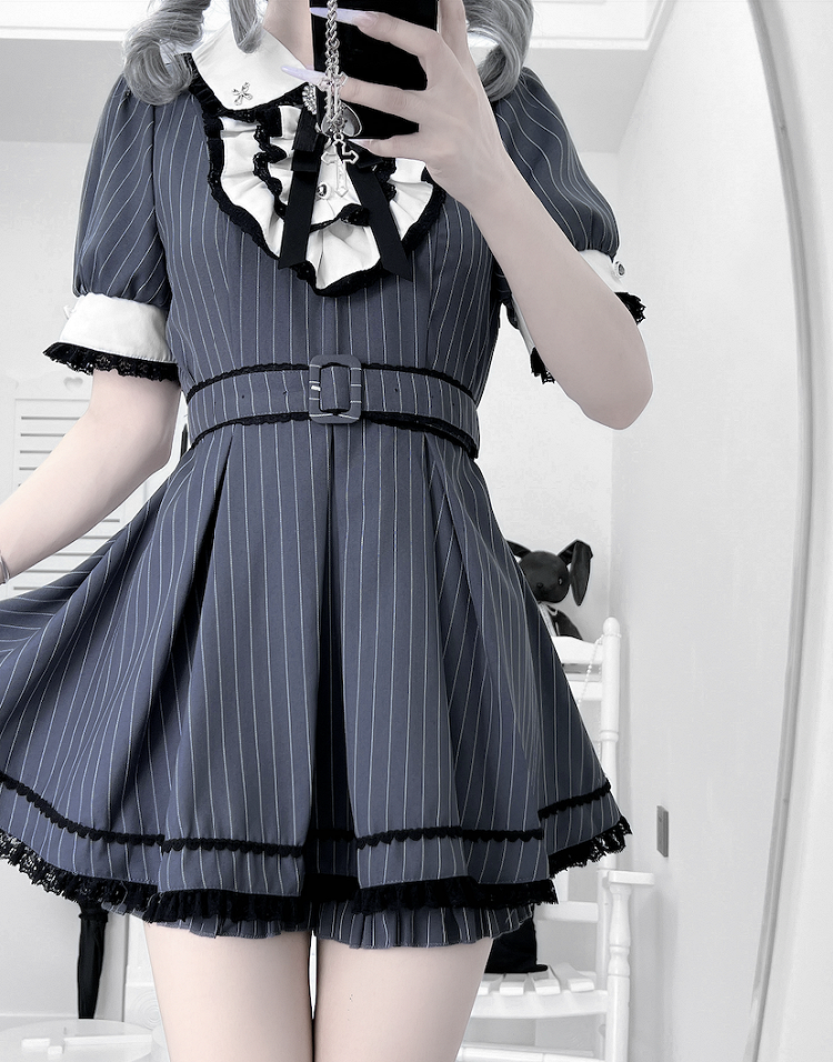 Peter Pan Collar Top with Shorts Dark Blue Stripes Maid Jirai Kei Set