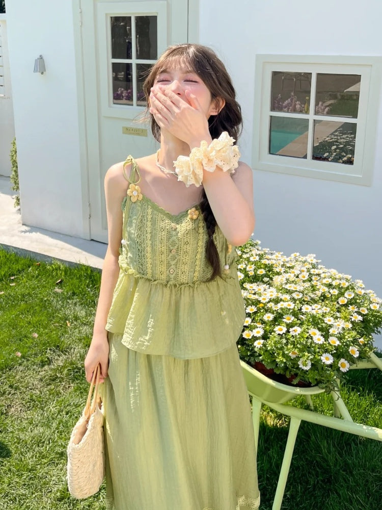 Mori Kei Green Knitted Floral Accents Cami Top