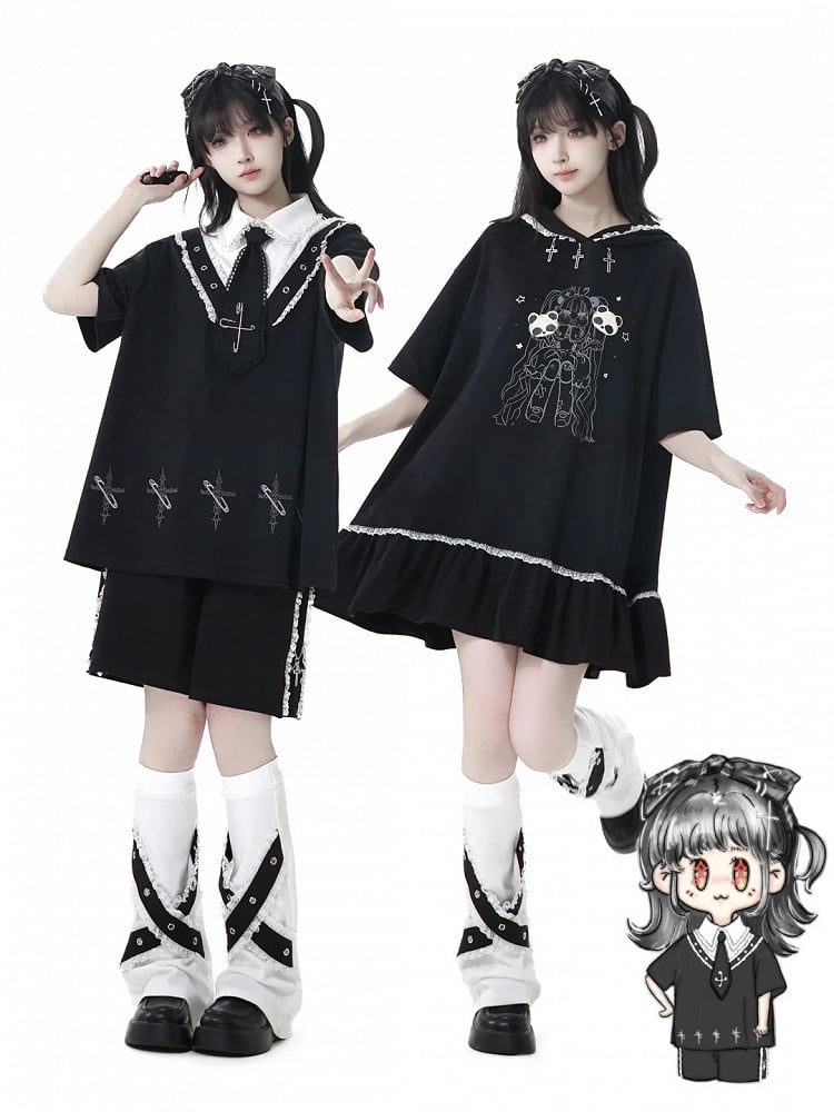 Black Cross Charms Contrast Lace Trim Bittersweet Girl Print Hooded Dress