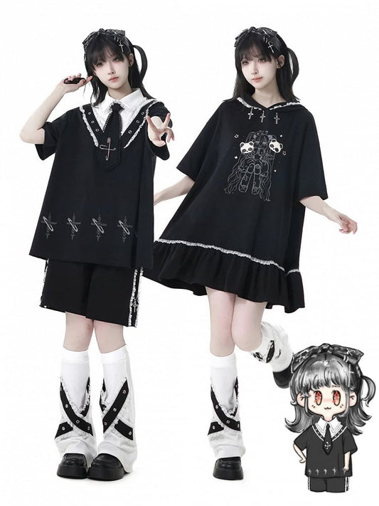 Black Cross Charms Contrast Lace Trim Bittersweet Girl Print Hooded Dress