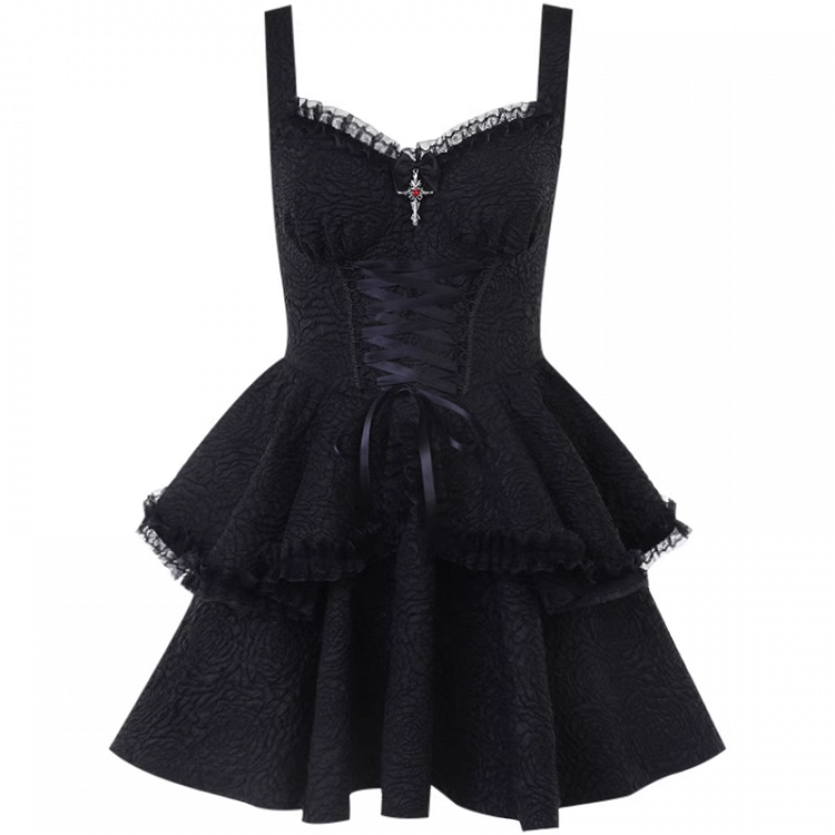 Black Sweetheart Neckline Lace-up Front Tiered Skirt Gothic Sleeveless Dress