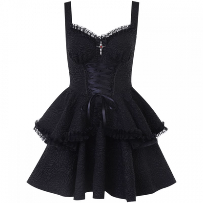 Black Sweetheart Neckline Lace-up Front Tiered Skirt Gothic Sleeveless Dress