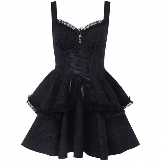 Black Sweetheart Neckline Lace-up Front Tiered Skirt Gothic Sleeveless Dress