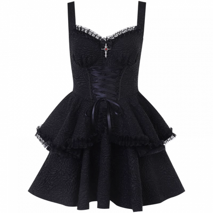 Black Sweetheart Neckline Lace-up Front Tiered Skirt Gothic Sleeveless Dress
