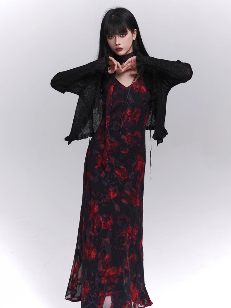 Red and Black V-Neck Ankle Length Floral Slip Dress