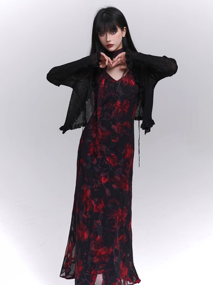 Red and Black V-Neck Ankle Length Floral Slip Dress