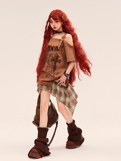 Gyaru Fashion Leopard Cross Applique Brown Asymmetrical Neckline T-shirt