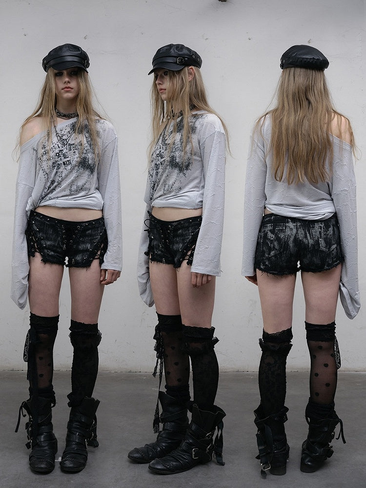 Black/White Wasteland Punk Studs Decorated Lace-up Details Raw Hem Shorts