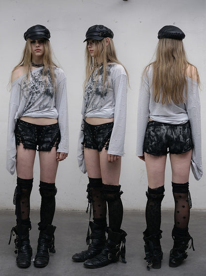 Black/White Wasteland Punk Studs Decorated Lace-up Details Raw Hem Shorts