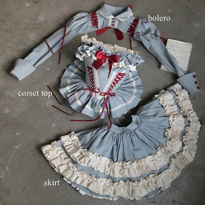 Blue Sweet Lolita Lace-up Boned Corset Top + Skirt + Bolero Full Set
