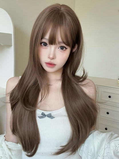 Light Brown 72CM Length Wavy Wig With Air Bangs