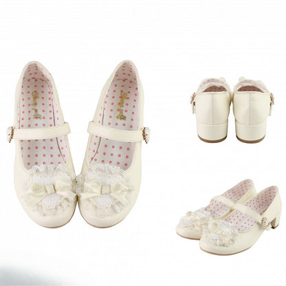 Yellow Bow at Top Lace Trim Beaded Heart Buckles Lolita Shoes