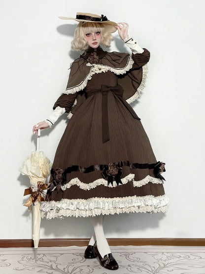 Brown High-low Hem Cape with Beige Scalloped Eyelet Trimming