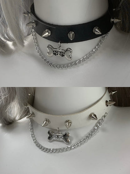 Black/White/Pink/Blue Bone Pendant Studded PU Choker with Chain