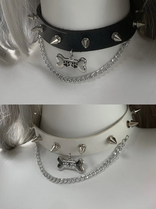 Black/White/Pink/Blue Bone Pendant Studded PU Choker with Chain