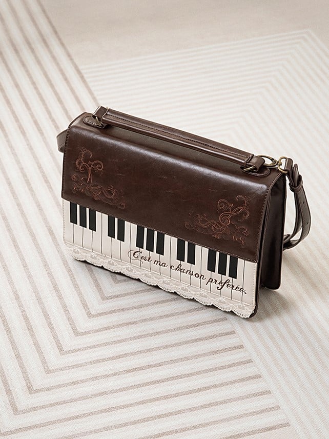 Elegant Midium-Sized Brown Piano-Themed Crossbody & Backpack Briefcase With Embroidered Floral Accents