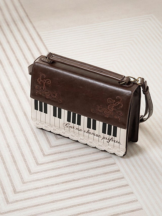 Elegant Midium-Sized Brown Piano-Themed Crossbody & Backpack Briefcase With Embroidered Floral Accents