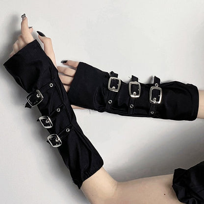 Punk Black Half Fingerless Gloves with Buckle Straps