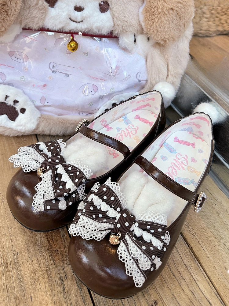 Sweet Brown Lolita Mary Jane Shoes with Bunny Ears & Pom Pom Tail