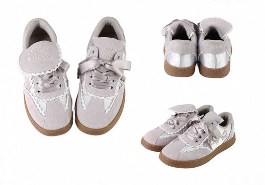Gray Fold-over Design Lace Trim Sneakers
